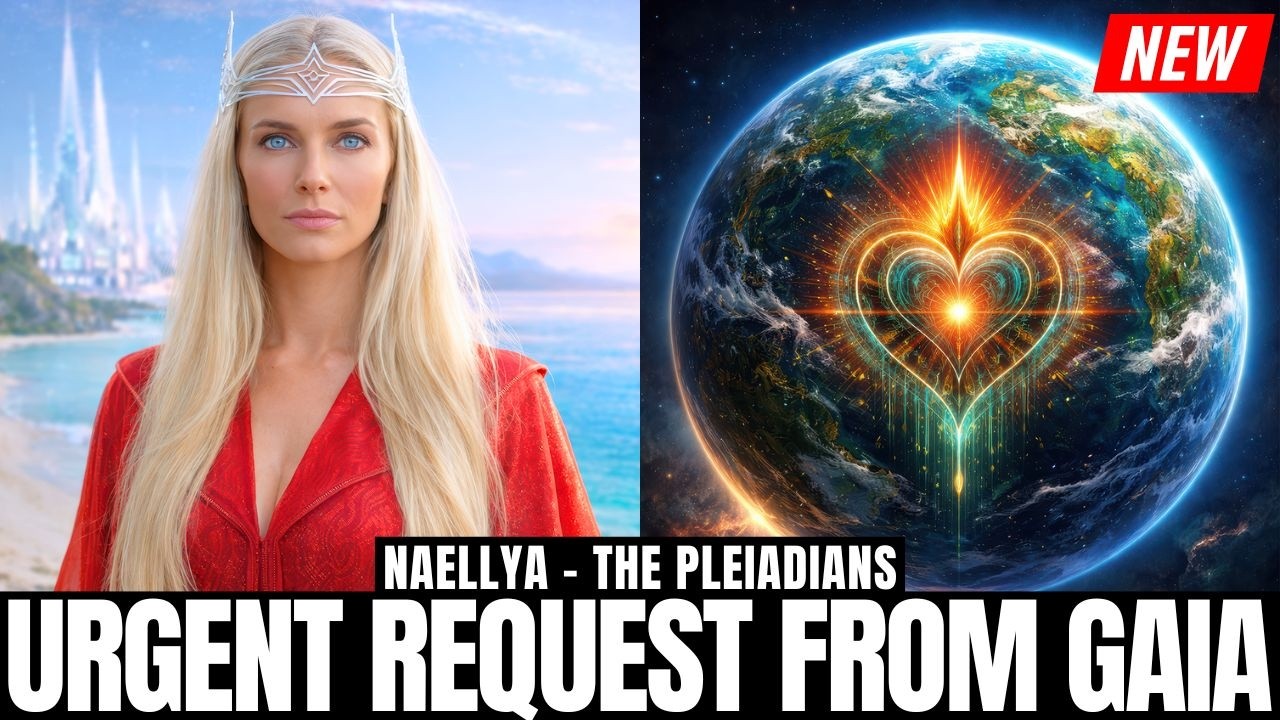 A 16:9 featured graphic showing a serene blonde woman in a red robe on the left, set against a soft, luminous sky. On the right is Earth in space, glowing with a radiant heart-like light at its center, with a small red “NEW” tag near the top. Bold headline text across the bottom reads “URGENT REQUEST FROM GAIA.”