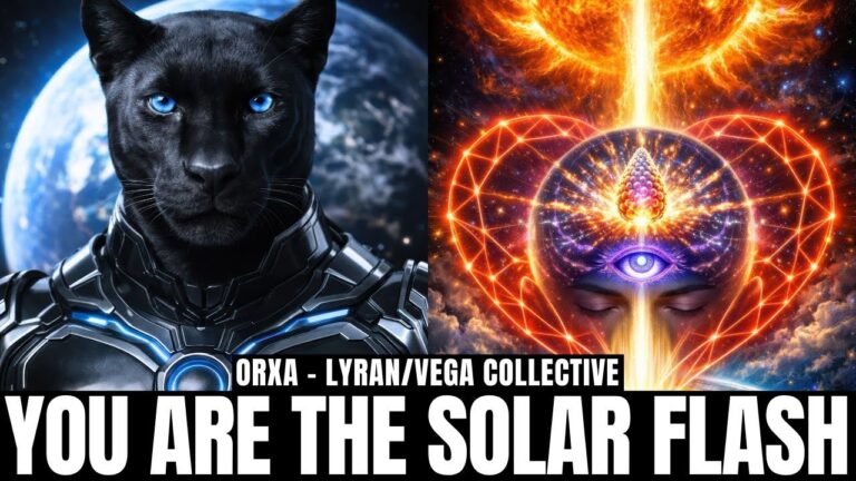 A cinematic Galactic Federation thumbnail showing a luminous black Lyran feline being in sleek, star-textured armor on the left, gazing forward against a deep blue cosmic background, and an intense golden-orange solar scene on the right with a coronal opening, flaring light column and radiant heart-shaped energy field around an activated third eye. Bold white title text across the bottom reads “YOU ARE THE SOLAR FLASH,” visually linking Orxa’s transmission about 3I Atlas, coronal openings, pineal activation, daily heart accord, and humanity quietly training with Sol for the New Earth threshold. Image size 1280×720 hero for the article “The Solar Flash Is You: How 3I Atlas, Coronal Openings, And Daily Heart Accord Are Quietly Training Humanity For The New Earth Threshold.”