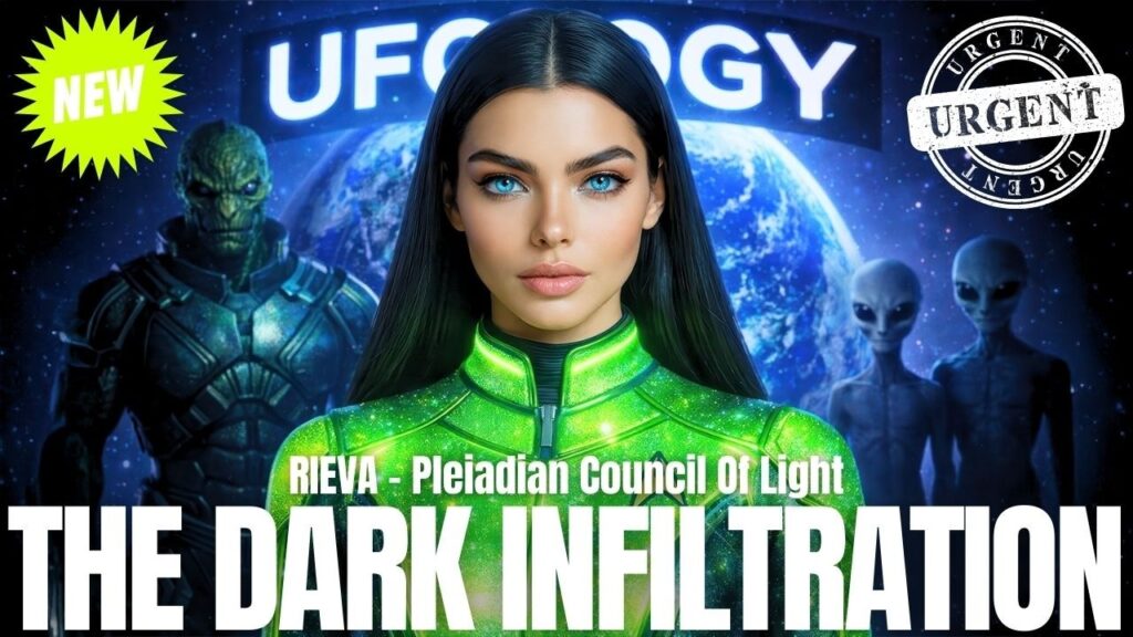 गैलेक्टिक फेडरेशन ऑफ लाइट के एक सिनेमाई प्रसारण का थंबनेल, जिसमें एक चमकदार हरे रंग के सूट में एक आकर्षक स्टारसीड महिला एक चमकते नीले ग्रह और एक रहस्यमय एलियन आकृति के सामने खड़ी दिखाई दे रही है, और उस पर मोटे अक्षरों में "द डार्क इन्फिल्ट्रेशन" और "यूएफोलॉजी" लिखा है, जो आध्यात्मिक और यूएफओ समुदायों में झूठे प्रकाश की घुसपैठ पर प्लीएडियन ब्रीफिंग और स्व-स्रोत जीवन को पुनः प्राप्त करने, स्रोत में स्थिर होने और वैश्विक 12:12 स्टारसीड हार्टवेव ध्यान में शामिल होने के आह्वान का दृश्य संकेत देता है।.