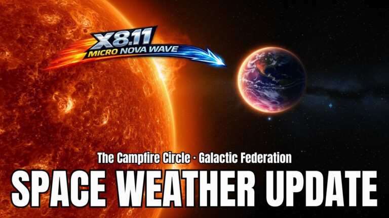 Dramatic “Space Weather Update” hero graphic showing a blazing orange Sun on the left with bright plasma arcs, an Earth-like planet on the right half in shadow, and a bold X8.11 MICRO NOVA WAVE arrow logo pointing down toward the planet, visually signaling an incoming solar flare, geomagnetic storm risk, and space weather alert for starseeds, Earth changes, and Galactic Federation of Light transmissions.
