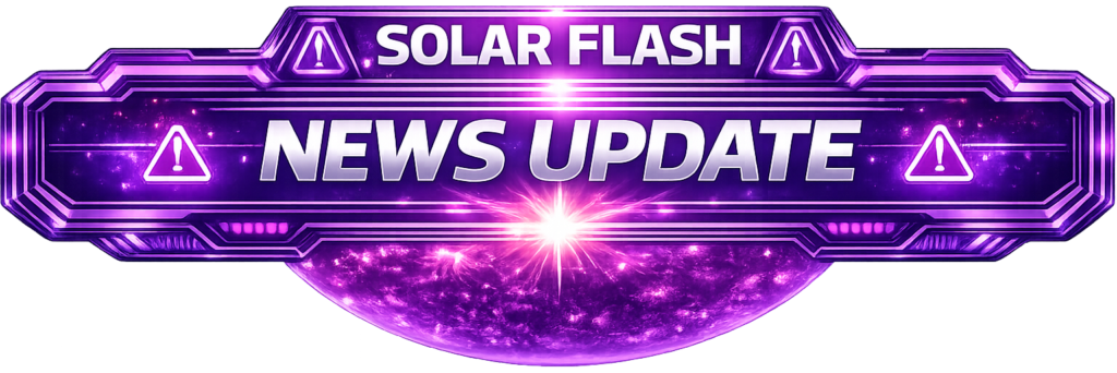 A futuristic banner-style graphic that reads “SOLAR FLASH NEWS UPDATE” in bold metallic white and purple letters, framed by a glowing sci-fi border of layered chrome panels and warning-triangle icons. Behind the text, a vivid indigo and magenta Sun erupts with flares and plasma, casting radiant light and energy around the bottom of the banner. The overall look is high-alert, cosmic, and urgent, designed for Solar Flash breaking news updates on a galactic-themed website.