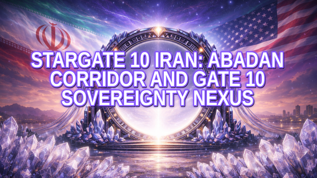 Majestic sci-fi Stargate portal rising from a shoreline of glowing quartz crystals, centered beneath a star-filled violet sky with branching lightning; Iran’s flag waves on the left and the United States flag on the right over calm reflective water and distant city lights, while bold white headline text reads: “STARGATE 10 IRAN: ABADAN CORRIDOR AND GATE 10 SOVEREIGNTY NEXUS.”