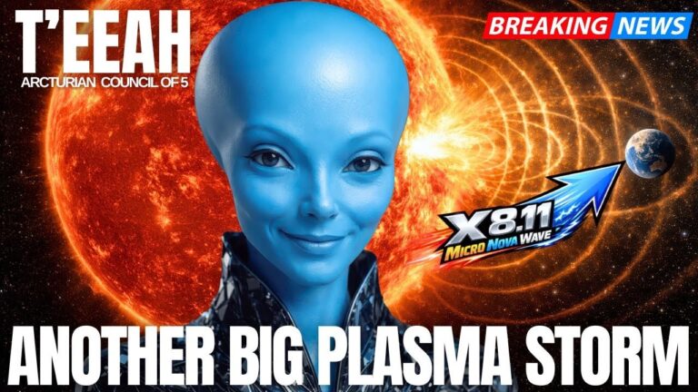 A dramatic Galactic Federation of Light style thumbnail showing blue-skinned Arcturian guide Teeah in front of an erupting golden-orange Sun with intense plasma waves streaming toward Earth, overlaid with bold text reading “T’EEAH” and “ANOTHER BIG PLASMA STORM,” visually highlighting an X8.11 solar flare alert, incoming micronova wave, and Solar Flash training window for starseeds, coherence, readiness, geomagnetic storms, and New Earth leadership.