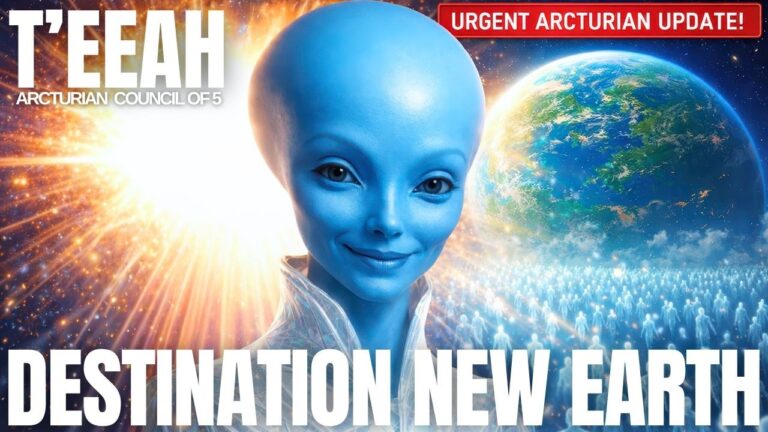 A glowing blue Arcturian being, T’eeah, stands before a radiant cosmic backdrop of the Sun and Earth with the bold title text “DESTINATION NEW EARTH,” visually signaling DNA upgrades, holy detachment, and how to live on the other side of the collective awakening into a higher-frequency New Earth timeline.