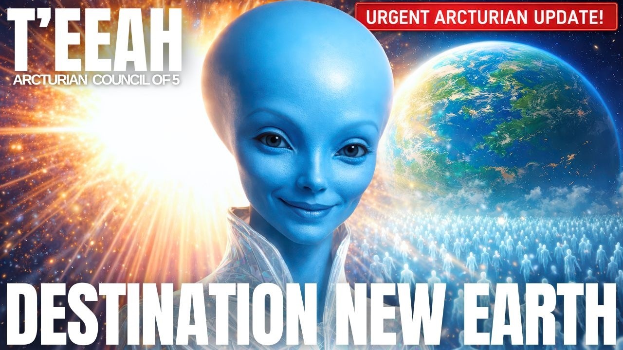A glowing blue Arcturian being, T’eeah, stands before a radiant cosmic backdrop of the Sun and Earth with the bold title text “DESTINATION NEW EARTH,” visually signaling DNA upgrades, holy detachment, and how to live on the other side of the collective awakening into a higher-frequency New Earth timeline.
