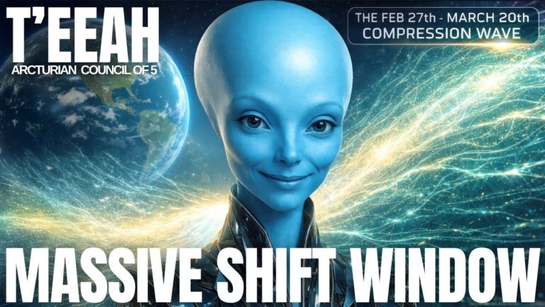 A serene blue Arcturian being stands in front of a swirling cosmic sky with stars and energy waves, beside the words “Massive Shift Window,” symbolizing the February–March 2026 eclipse portal, Mercury retrograde, planet parade, and crystal grid re-routing the collective timeline for starseeds and lightworkers.