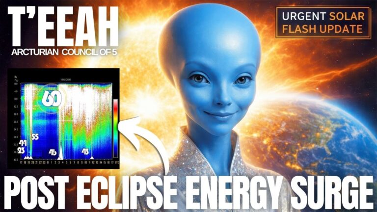 A vivid post-eclipse energy graphic featuring a serene blue Arcturian figure in the foreground, standing before a glowing Sun and the Earth with active auroral light around the poles. On the left, a colorful Schumann resonance spectrogram and geomagnetic chart highlight recent frequency spikes and solar storm activity. Bold text reads “TEE’AH” and “POST ECLIPSE ENERGY SURGE,” visually framing a transmission about solar storms, eclipse corridor energies, planetary reordering and New Earth ascension light codes.