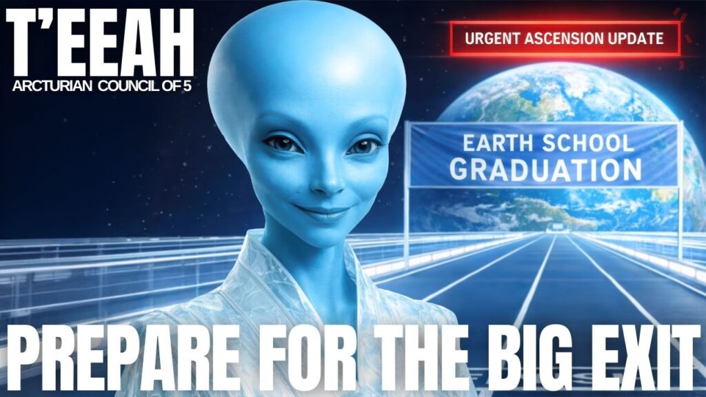 蓝色大角星向导TEEAH站在一片闪耀的宇宙景观中，眺望着一条通往明亮地球和星门的未来高速公路。醒目的标题文字写着“TEEAH”和“准备离开地球”，旁边是一条红色横幅，讲述着地球毕业和地球上的最后时光，视觉上框住了一段关于完成使命和离开三维地球的星际种子讯息。.