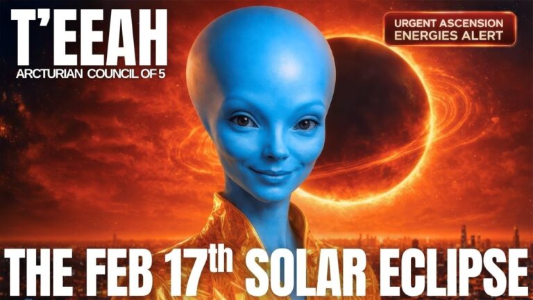 Close-up YouTube-style thumbnail of a benevolent blue-skinned extraterrestrial guide standing in front of a blazing Ring of Fire solar eclipse. The darkened Sun is rimmed with bright orange plasma against a red cosmic sky, symbolizing the February 17, 2026 annular eclipse and coming solar flash energies. Bold white text reads “T’EEAH” at the top and “THE FEB 17TH SOLAR ECLIPSE” along the bottom, evoking an Arcturian ascension transmission about New Earth timelines, eclipse corridor upgrades, and starseed awakening.