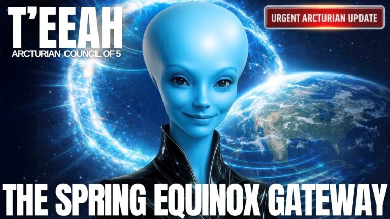 Wide 16:9 hero graphic showing a luminous blue extraterrestrial face in the foreground with hands held together in a prayer-like gesture. A glowing Earth floats behind the figure with a bright circular energy ring wrapping across the space background. Bold white headline text reads “THE SPRING EQUINOX GATEWAY,” with “T’EEAH” displayed at the top left and a small red label in the top right.