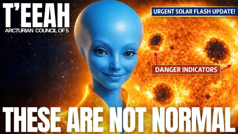 Wide 16:9 thumbnail showing a smiling blue-skinned Arcturian being in front of a bright orange Sun filled with large dark sunspot clusters, with bold white headline text “THESE ARE NOT NORMAL” and smaller banner text about an X-class solar flare sunspot cluster update, illustrating an ascension-focused article on solar threshold engines, magnetic pressure, and starseed symptoms during extreme space weather.