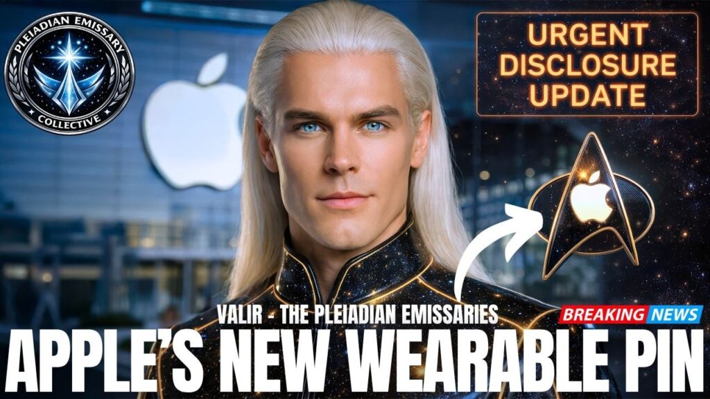 A bold disclosure-style graphic featuring a Pleiadian-looking being with long blond hair in a dark uniform beside the glowing Apple logo and a Starfleet-style communicator badge. The image headline reads “URGENT DISCLOSURE UPDATE” and “APPLE’S NEW WEARABLE PIN,” with space background, federation-style insignias and bright YouTube-thumbnail styling, signaling a connection between Apple’s lapel pin, alien technology, Star Trek badges, and telepathy-training ambient AI.
