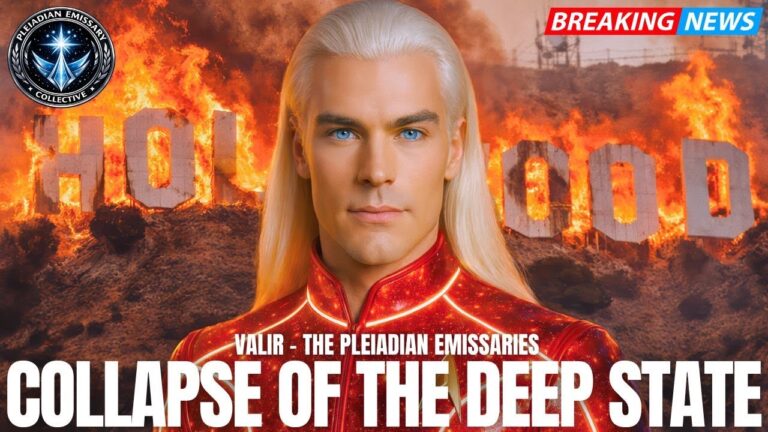 A cinematic YouTube-style thumbnail showing a white-haired, androgynous galactic being in a sleek red uniform standing before burning orange flames and a crumbling “HOLLYWOOD” style sign, symbolizing the collapse of the Deep State and Cabal systems. Bold headline text across the bottom reads “COLLAPSE OF THE DEEP STATE,” with smaller banner text suggesting breaking galactic news. The image is dramatic, fiery, and eye-catching, designed to attract starseeds and truth-seekers to a Valir transmission about the fall of the Cabal, exposure cycles, heart-coherence protocols, and New Earth building.