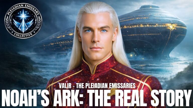 A cinematic Galactic Federation–style thumbnail showing a tall, luminous, silver-haired star being in a red futuristic uniform standing before a stormy ocean and mountainous coastline, with a massive ark-like starship looming in the misty sky. Electric blue light, swirling clouds, and subtle symbols suggest advanced alien technology and off-world councils guiding a planetary Flood reset. Bold white title text across the bottom reads “NOAH’S ARK: THE REAL STORY,” signaling a revelatory article about the true cosmic operation behind the biblical Ark and its role as an alien seed vault that preserved humanity.