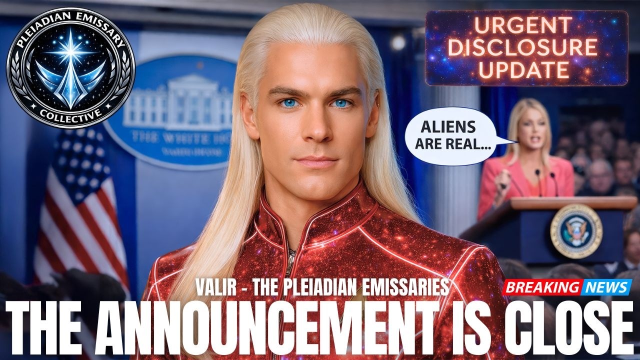 Valir “The Announcement Is Close” graphic showing a blond extraterrestrial-looking emissary figure centered with a U.S. flag and official-style backdrop, a small news broadcast inset, and bold headline text reading “THE ANNOUNCEMENT IS CLOSE,” signaling an imminent mainstream ET disclosure moment.