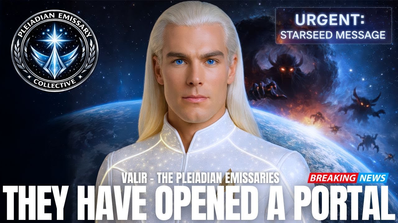 YouTube-inspirert heltegrafikk som viser en lysende plejadisk kommandør med langt hvitblondt hår i en hvit uniform, stående foran et virvlende kosmisk bakteppe av stjerner, tåker og Jorden. Mørkt astralfartøy og en glødende portal ruver bak ham, noe som antyder en åpnet portal i rommet. Emblemet i Galaktisk Føderasjon-stil vises i hjørnet, med viktig bannertekst og den dramatiske overskriften «DE HAR ÅPNET EN PORTAL», som signaliserer en viktig overføring om psykiske angrep, portaler og åndelig beskyttelse.