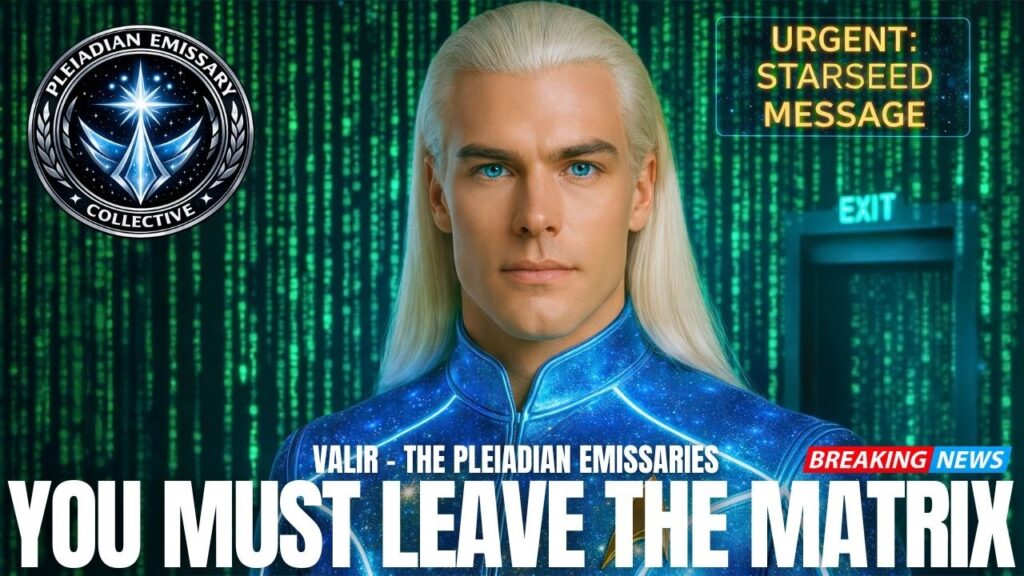 YouTube-style thumbnail showing a tall, platinum-blond Pleiadian figure in a blue suit standing before glowing green Matrix-code columns. A Galactic Federation emblem appears in the upper left, while a bold headline across the bottom reads “YOU MUST LEAVE THE MATRIX,” with smaller urgency tags like “LATEST STARSEED MESSAGE” and “URGENT BRIEFING.” The image signals a powerful starseed transmission about leaving control systems, reclaiming sovereign presence, and embodying Christ-frequency awakening.