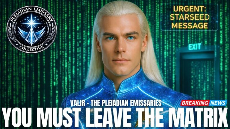 YouTube-style thumbnail showing a tall, platinum-blond Pleiadian figure in a blue suit standing before glowing green Matrix-code columns. A Galactic Federation emblem appears in the upper left, while a bold headline across the bottom reads “YOU MUST LEAVE THE MATRIX,” with smaller urgency tags like “LATEST STARSEED MESSAGE” and “URGENT BRIEFING.” The image signals a powerful starseed transmission about leaving control systems, reclaiming sovereign presence, and embodying Christ-frequency awakening.