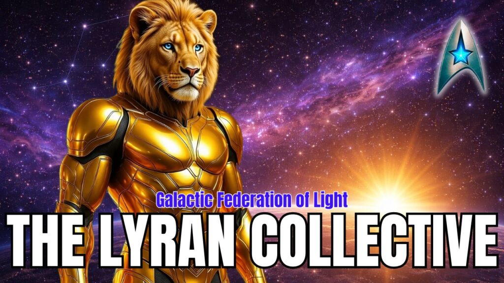 Galactic Federation of Light hero graphic featuring a regal lion-headed humanoid figure in sleek, reflective golden armor, positioned on the left side of the frame and facing toward the right. The lion has a rich mane, calm commanding expression, and striking blue eyes, giving a noble, protective presence. Behind the figure is a vibrant deep-space backdrop filled with stars and a sweeping purple nebula band, with faint constellation linework visible in the upper-left. A bright golden sunrise flares at the horizon near the lower-right, casting warm light across the scene. In the upper-right corner is a metallic Starfleet-style delta emblem with a glowing blue star. Overlaid text reads “Galactic Federation of Light” above a massive bold title: “THE LYRAN COLLECTIVE.” The overall look is cinematic, high-contrast, and mythic-futuristic, emphasizing Lyran royalty, heart-led strength, ancient lineage, and cosmic guardianship.
