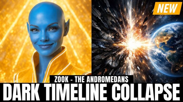 Blue-skinned Andromedan guide on the left, glowing against a radiant golden geometric background, faces the viewer with a calm, confident smile, while on the right a dramatic cosmic blast erupts beside planet Earth in deep space, symbolizing a dark timeline collapsing. Bold white headline text across the bottom reads “DARK TIMELINE COLLAPSE,” creating a high-impact YouTube-style thumbnail and blog hero image for a Galactic Federation New Earth transmission about negative timeline collapse, relief waves, and embodied freedom.