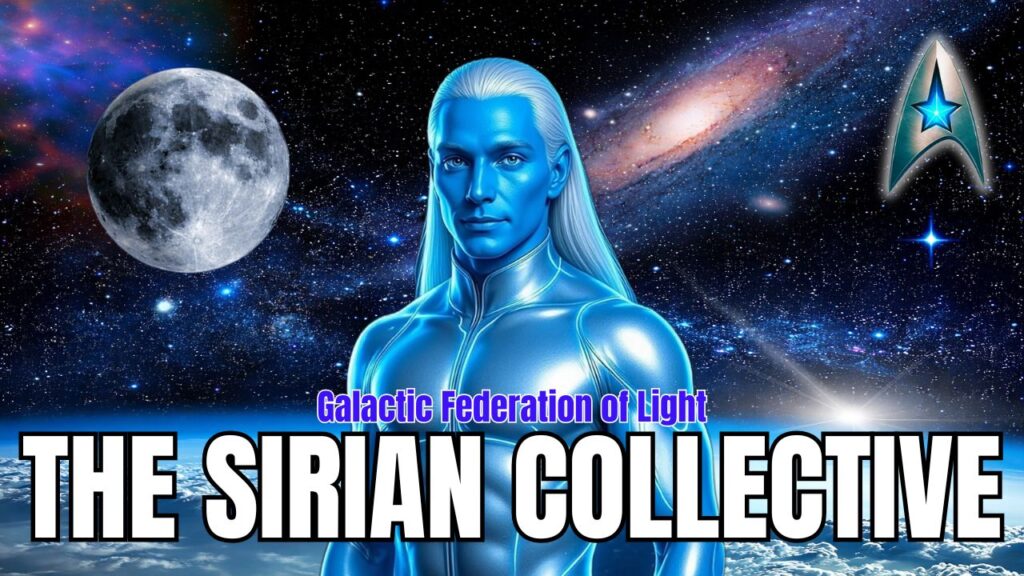 Galactic Federation of Light hero graphic featuring a luminous, blue-skinned humanoid male figure with long white hair and a sleek, metallic, high-collar suit, standing centered against a deep space backdrop. To the left is a detailed full moon, and behind him stretches a dense starfield with colorful nebula tones and a bright spiral galaxy sweeping across the upper right. In the top-right corner sits a metallic Starfleet-style delta emblem with a glowing blue star, plus a smaller star flare beneath it. Along the bottom is an icy or cloudlike planetary horizon with a cool blue glow. Overlaid text reads “Galactic Federation of Light” above a massive bold title: “THE SIRIAN COLLECTIVE.” The overall aesthetic is cinematic, high-contrast, and futuristic, emphasizing Sirian presence, disciplined strength, cosmic intelligence, and interstellar guidance.