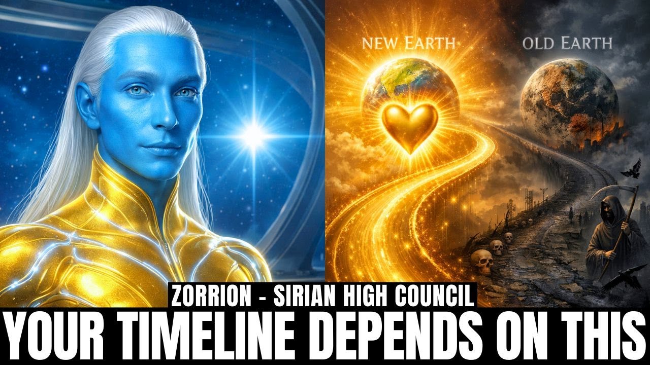 Wide 1280×720 hero image for “February Attention War” showing a luminous blue Sirian being on the left, a blazing golden sun / solar-flash vortex in the center, and a dark chaotic figure on the right, with bold text reading “YOUR TIMELINE DEPENDS ON THIS,” symbolizing the choice between heart-anchored light and distorted distraction timelines.