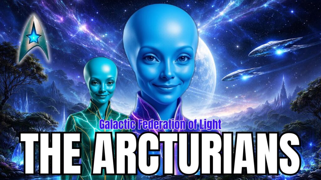 Starseed Reset And Oversoul Activations Are Here: March Equinox Openings, Dream Contact And The 2026 Timeline Shift — T'EEAH Transmission 2 | Galactic Federation of Light | The Campfire Circle YouTube-style thumbnail for a category link block titled “The Arcturians,” featuring two blue-skinned Arcturian beings with large luminous eyes and smooth features in the foreground, set against a vibrant cosmic landscape with glowing crystalline formations, a futuristic alien city, a large illuminated planet, and streaks of nebula light across a star-filled sky. Advanced spacecraft hover in the upper right, while a Galactic Federation of Light emblem appears in the upper left. Bold headline text reads “THE ARCTURIANS” with “Galactic Federation of Light” above it, emphasizing extraterrestrial contact, advanced consciousness, and high-frequency Arcturian guidance.