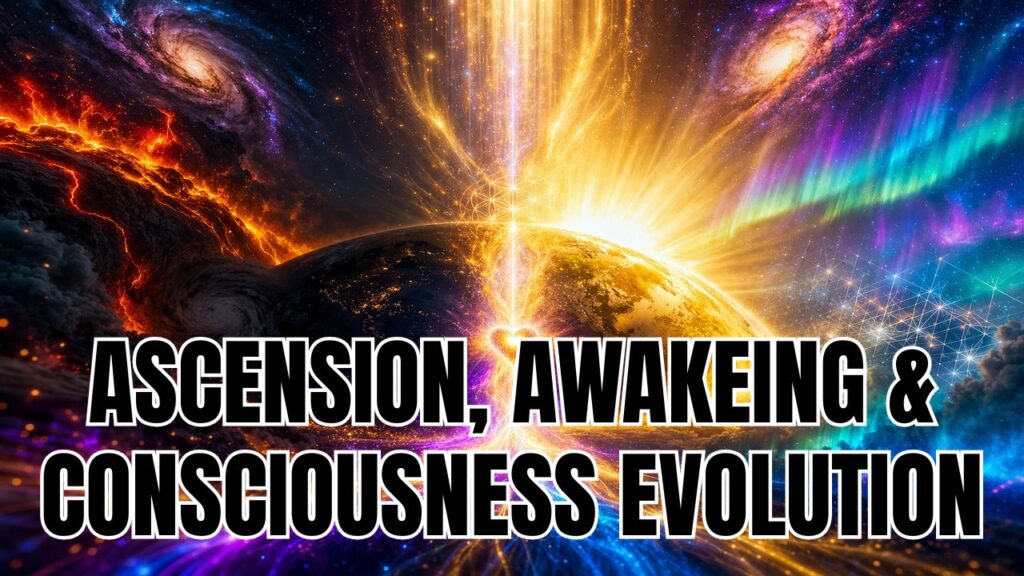 Radiant cosmic awakening scene featuring Earth illuminated by golden light at the horizon, with a glowing heart-centered energy beam rising into space, surrounded by vibrant galaxies, solar flares, aurora waves, and multidimensional light patterns symbolizing ascension, spiritual awakening, and consciousness evolution.