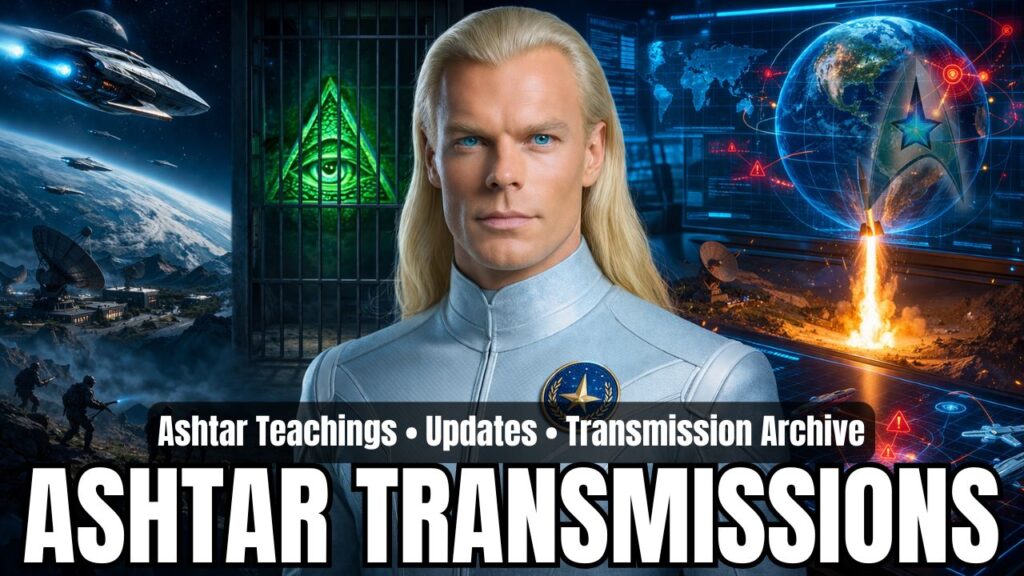 Wide 16:9 category header graphic for Ashtar transmissions featuring a commanding blond male Galactic Federation figure in a sleek silver uniform standing prominently at center, with deep-space craft and an Earth-side surveillance scene on the left, a barred green all-seeing-eye symbol in the middle background, and a high-tech world map command display on the right showing Earth, alert markers, missile launch imagery, and aerial craft activity, with overlay text reading “Ashtar Teachings • Updates • Transmission Archive” and “ASHTAR TRANSMISSIONS.”