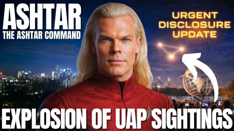 A dramatic 16:9 Ashtar-themed disclosure graphic showing a long-haired male figure in a red high-collared garment standing before a night skyline, with glowing UAP orb lights and a hovering craft in the sky behind him. Bold headline text reads “Explosion of UAP Sightings,” while smaller text references an urgent disclosure update. The image visually represents a nationwide UFO surge in America, UAP orb sightings, galactic oversight, and accelerating disclosure in 2026.