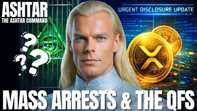 A dramatic 16:9 sci-fi style thumbnail for a Galactic Federation of Light transmission about the Quantum Financial System, mass arrests, free energy, and planetary transition. At the center is a serious blond male figure in futuristic white attire against a cosmic blue background, suggesting a galactic commander or messenger. On the left is a glowing green holographic face beside large white question marks, symbolizing hidden truths, disclosure, and public revelations. On the right is a luminous golden XRP-like digital coin, representing blockchain, the Quantum Financial System, wealth redistribution, and sovereign abundance. Bold white text across the bottom reads “MASS ARRESTS & THE QFS,” reinforcing themes of public accountability, financial reset, system transition, and New Earth timeline change. The overall image conveys urgency, mystery, galactic oversight, financial transformation, and humanity’s shift into a new era of abundance, disclosure, and energetic evolution.
