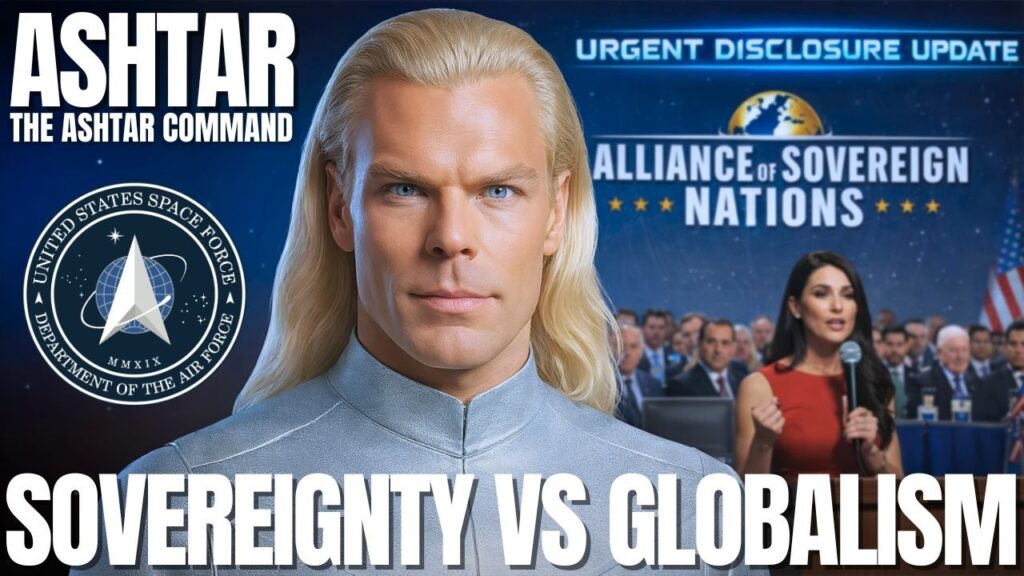 Free Energy & Zero-Point Energy 8 | Galactic Federation of Light | The Campfire Circle A dramatic 16:9 spiritual-political graphic featuring a futuristic blond male figure in the foreground beneath the label “Ashtar,” with a dark blue global summit backdrop and a crowd scene behind him. Large bold text reads “SOVEREIGNTY VS GLOBALISM,” while smaller headline text references “building sovereign nations,” reinforcing themes of Earth sovereignty, truth disclosure, speech freedom, energy independence, and the awakening of a new civilization.