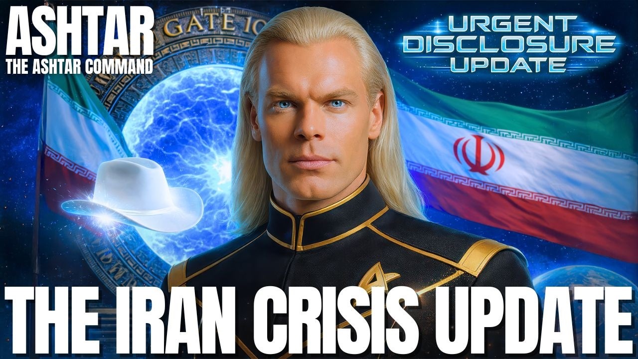 16:9 sci-fi style graphic featuring a luminous blond male galactic figure in a dark high-collared uniform at center, set against a glowing blue planetary backdrop with cosmic light flares and a red-white-blue streaked energy field. Bold white headline text across the bottom reads “THE IRAN CRISIS UPDATE,” with smaller title elements at the top referencing Ashtar and a galactic crisis update. The image conveys urgency, disclosure, planetary intervention, and high-stakes Middle East Stargate 10 crisis energy tied to Iran, Abadan, galactic oversight, and timeline restoration.