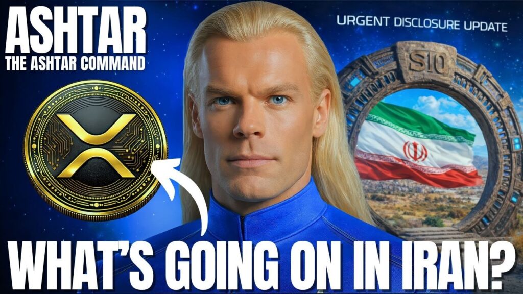 Stargate 10 Iran Abadan 5 | Galactic Federation of Light | The Campfire Circle A blue-toned feature graphic shows a central portrait of a blond, long-haired male figure with the label “ASHTAR” in the upper-left. On the left is a circular green symbol resembling an “X” or crossed arcs, with a white arrow pointing toward it. On the right is a circular “stargate”-style ring framing a landscape with the Iranian flag colors. Large bold text across the bottom reads: “WHAT’S GOING ON IN IRAN?”