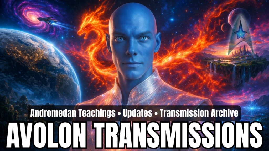 Wide 16:9 category header graphic for Avolon transmissions featuring a luminous blue-skinned Andromedan male centered prominently against a vivid cosmic background with Earth on the left, a bright phoenix-like orange plasma form behind him, a starship entering from a spiral galaxy, floating crystalline geometric light structures, and a radiant futuristic city on a suspended landmass, with overlay text reading “Andromedan Teachings • Updates • Transmission Archive” and “AVOLON TRANSMISSIONS.”