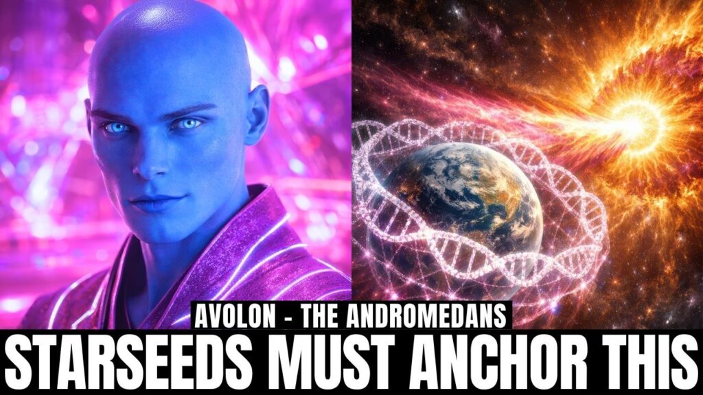 YouTube-style thumbnail for an article titled “Massive Crystal Light Surge Incoming: How To Protect Your Energy, Restore Your Field, And Align With Final Ascension Convergence,” featuring a close-up portrait of a blue-skinned Andromedan being on the left against vivid magenta and violet crystalline light, and a glowing cosmic energy vortex or spiral surge on the right in pink, orange, and gold tones, with bold caption text reading “STARSEEDS MUST ANCHOR THIS,” visually emphasizing incoming light codes, energetic protection, aura restoration, and final ascension convergence.