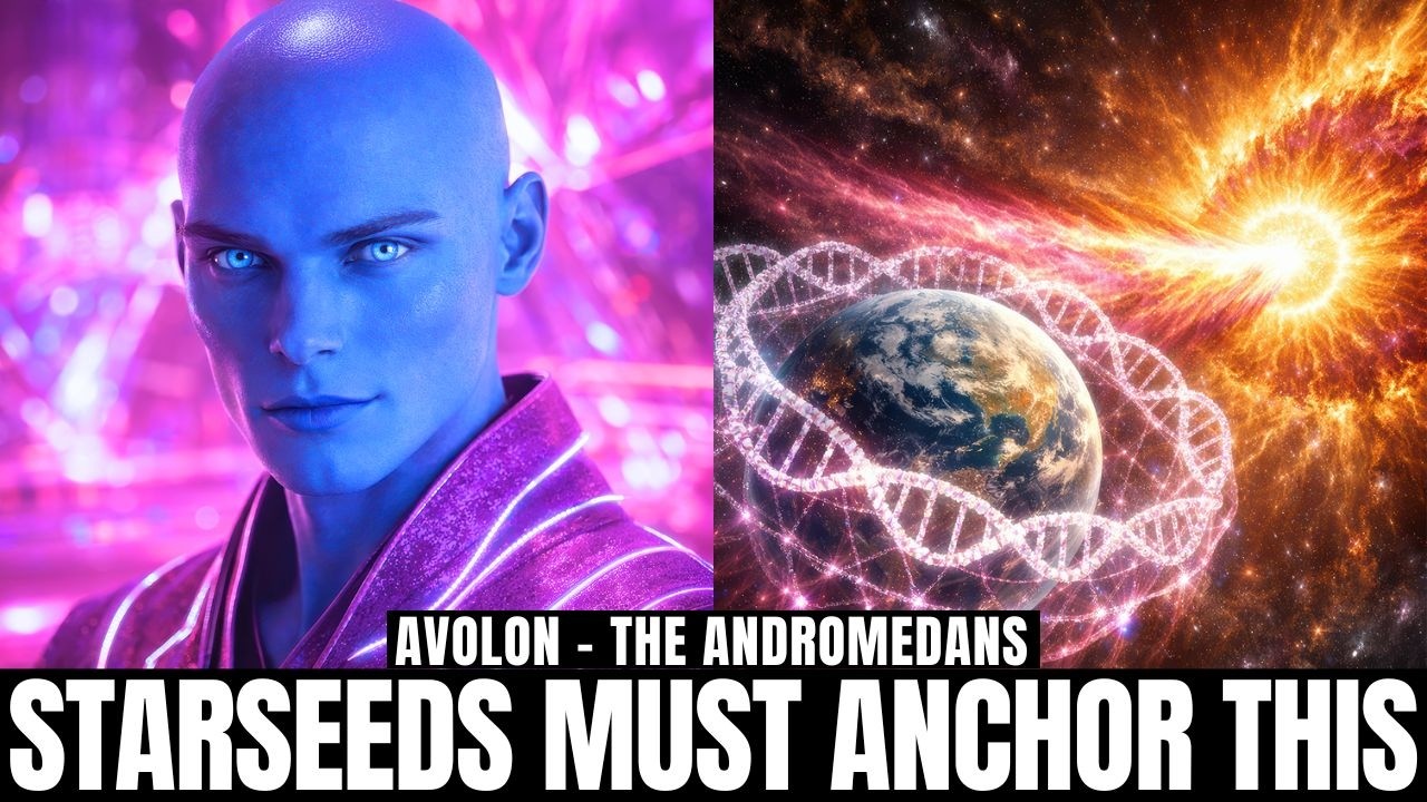 YouTube-style thumbnail for an article titled “Massive Crystal Light Surge Incoming: How To Protect Your Energy, Restore Your Field, And Align With Final Ascension Convergence,” featuring a close-up portrait of a blue-skinned Andromedan being on the left against vivid magenta and violet crystalline light, and a glowing cosmic energy vortex or spiral surge on the right in pink, orange, and gold tones, with bold caption text reading “STARSEEDS MUST ANCHOR THIS,” visually emphasizing incoming light codes, energetic protection, aura restoration, and final ascension convergence.