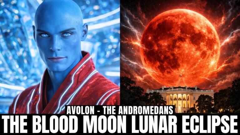 Blue-skinned humanoid “Andromedan” figure on the left beside a glowing red Blood Moon on the right over a dark horizon, with bold headline text reading “THE BLOOD MOON LUNAR ECLIPSE.”