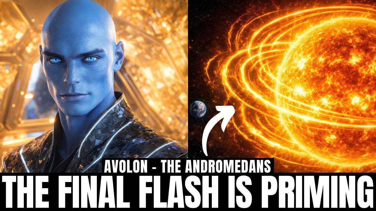 Blue-skinned galactic being standing before a blazing golden solar field with a highlighted burst of light and bold text reading “The Final Flash Is Priming,” symbolizing Solar Flash activation, timeline shift, divine inheritance, 5D abundance, and Source awakening.