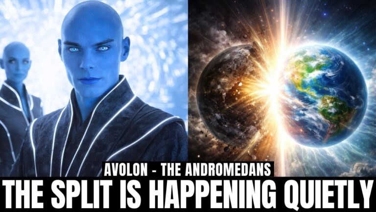 Dramatic 16:9 spiritual graphic showing a blue-skinned humanoid being on the left and a split Earth on the right, with one side dark and the other illuminated in radiant golden-white light. The image symbolizes the 2026 ascension split, timeline divergence, higher consciousness activation, and planetary transformation. Bold text across the bottom reads “The Split Is Happening Quietly,” reinforcing themes of energetic separation, spiritual awakening, photonic activation, and New Earth embodiment.