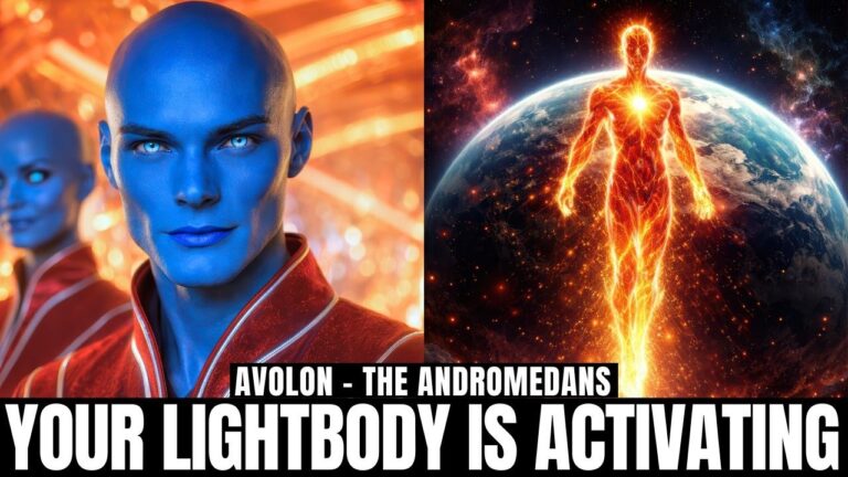 A glowing 16:9 spiritual graphic featuring two blue-skinned Andromedan beings on the left and a radiant golden human light form rising before Earth on the right, symbolizing Andromedan plasma codes, prismatic healing vortex activation, lightbody awakening, soul remembrance, 10th dimensional healing, and highest timeline transformation, with bold headline text reading “Your Lightbody Is Activating.”