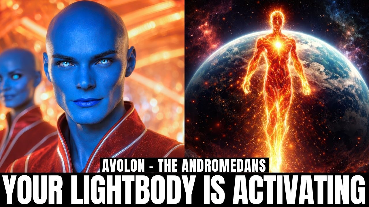 A glowing 16:9 spiritual graphic featuring two blue-skinned Andromedan beings on the left and a radiant golden human light form rising before Earth on the right, symbolizing Andromedan plasma codes, prismatic healing vortex activation, lightbody awakening, soul remembrance, 10th dimensional healing, and highest timeline transformation, with bold headline text reading “Your Lightbody Is Activating.”