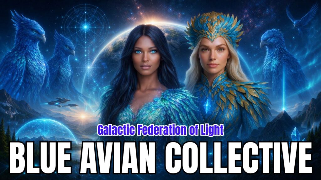 A luminous 16:9 cosmic graphic featuring two Blue Avian emissaries standing side by side before a radiant Earth-like planet and a deep blue galactic sky. On the left is a dark-haired feminine figure with glowing blue eyes and shimmering blue feathered attire, while on the right stands a blonde feminine figure wearing an ornate blue-and-gold feathered crown and crystalline ceremonial garment. Towering blue avian beings surround them in the background, along with glowing sacred geometry, crystalline formations, light-grid patterns, starships, and planetary energy fields. The scene evokes Blue Avian guidance, planetary stabilization, sovereign timeline support, crystalline grid coherence, and higher-dimensional oversight during Earth’s ascension into New Earth reality.