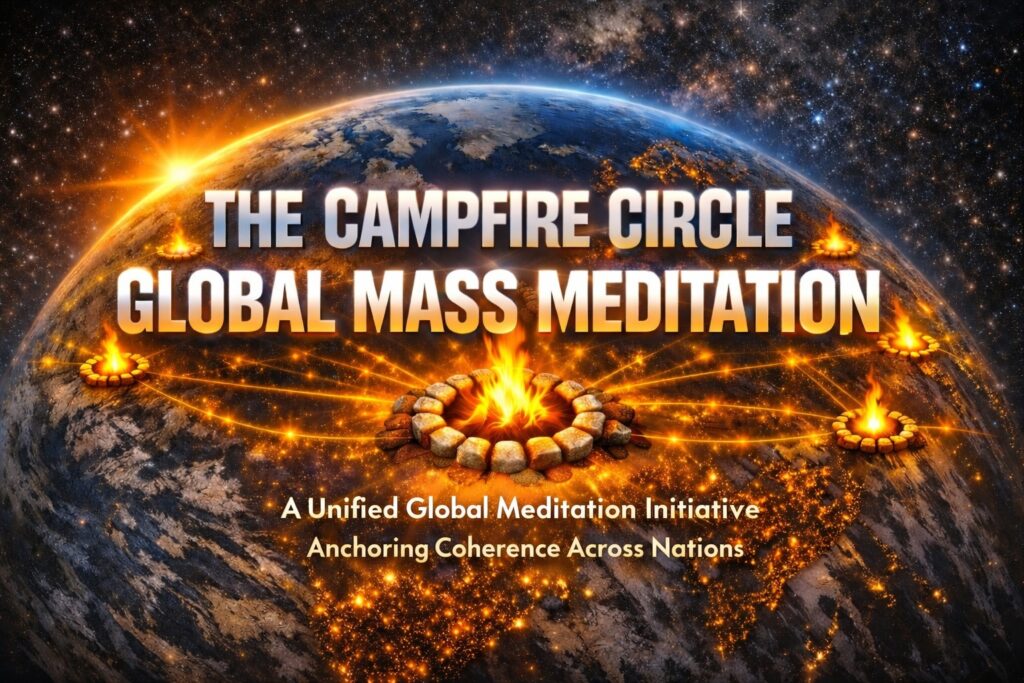 Sora-baventy fisaintsainana faobe manerantany misy Campfire Circle mampiseho ny Tany avy eny amin'ny habakabaka miaraka amin'ny afon-dasy mirehitra mifandray amin'ny kaontinanta amin'ny alàlan'ny tsipika angovo volamena, maneho ny hetsika fisaintsainana manerantany miray hina izay mampiroborobo ny firindrana, ny fampandehanana ny tambajotran'ny planeta, ary ny fisaintsainana iraisana mifantoka amin'ny fo manerana ny firenena.