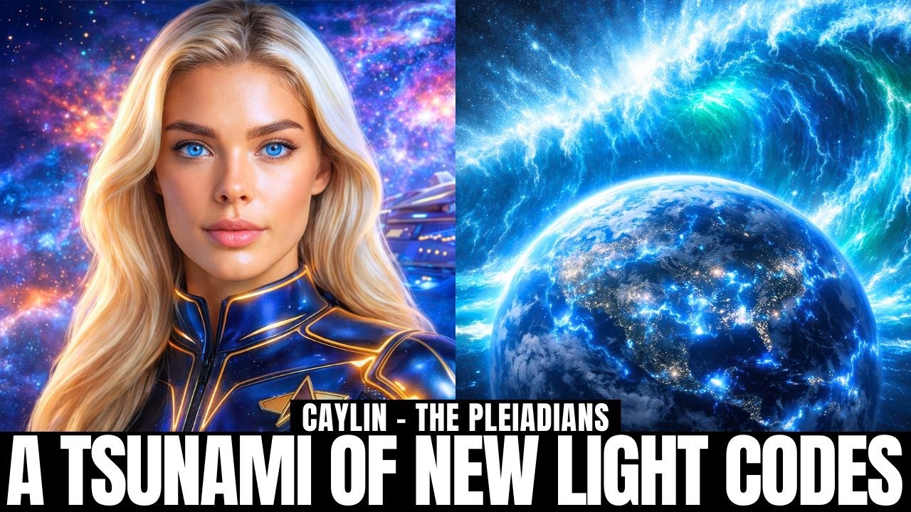 16:9 promotional graphic featuring a luminous blonde female galactic messenger in a blue high-collared light garment on the left, set against a vivid cosmic purple-and-blue background, with Earth on the right beneath a sweeping wave of electric blue celestial energy or light codes descending across the planet. Bold headline text across the bottom reads “A Tsunami of New Light Codes,” visually reinforcing themes of awakening beyond the mind, higher reality alignment, heart intelligence activation, planetary light influx, consciousness transformation, and the clearing of fear-based thought patterns.