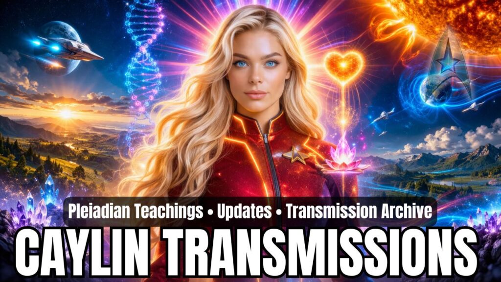 Wide 16:9 category header graphic for Caylin of the Pleiadian Collective featuring a luminous blonde Pleiadian woman with bright blue eyes and a glowing red-orange futuristic uniform standing prominently at center, surrounded by a radiant cosmic landscape with DNA light codes, heart-frequency symbolism, a violet flame lotus, crystalline formations, starships, Earth, solar energy, and vibrant New Earth scenery, with overlay text reading “Pleiadian Teachings • Updates • Transmission Archive” and “CAYLIN TRANSMISSIONS.”