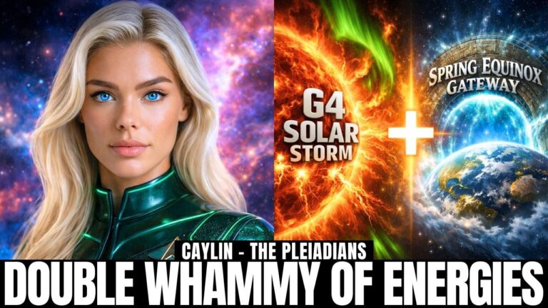 Blonde female cosmic messenger portrait beside vivid solar storm imagery, fiery plasma arcs, and Earth surrounded by glowing geomagnetic energy, with on-image text referencing a G4 solar storm and a double whammy of energies, illustrating Spring Equinox heart activation, violet flame resurrection, solar plasma codes, and the New Earth embodiment process.