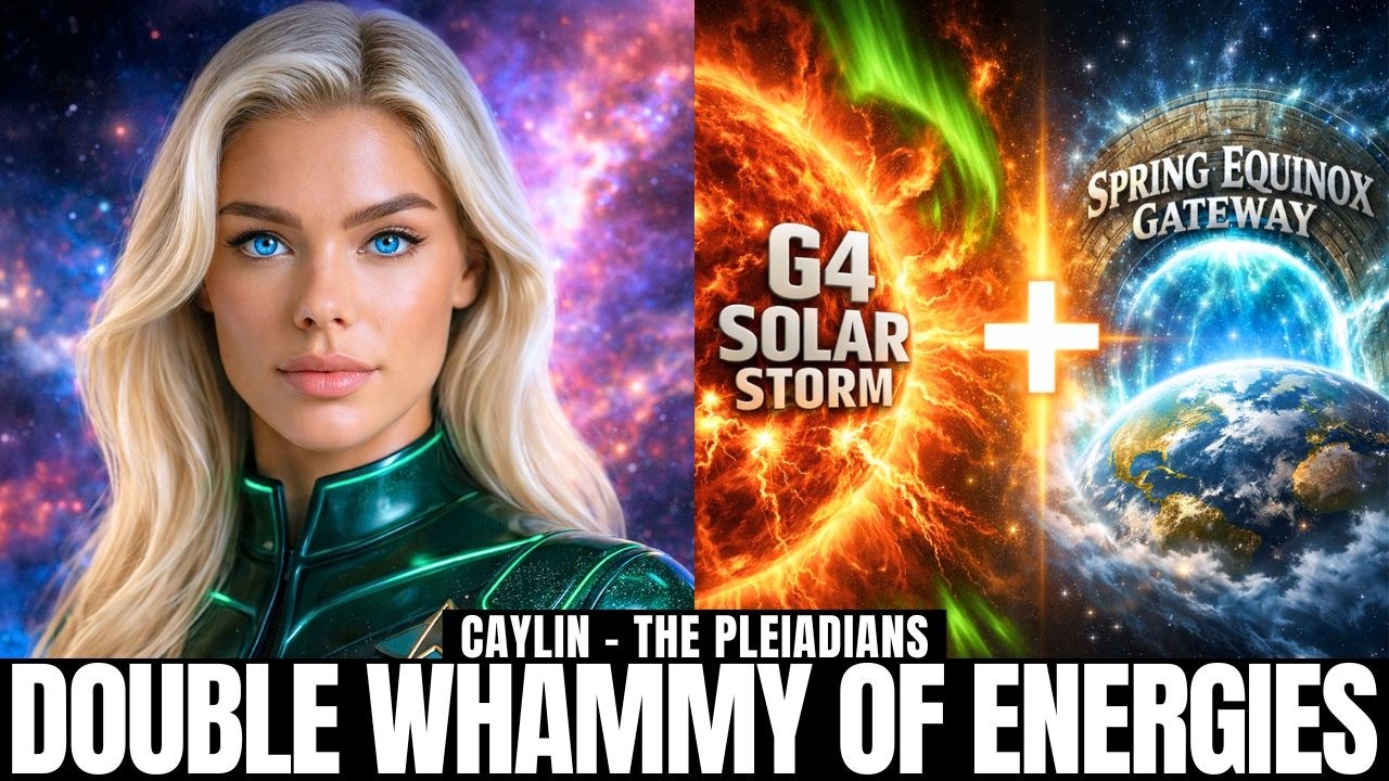Blonde female cosmic messenger portrait beside vivid solar storm imagery, fiery plasma arcs, and Earth surrounded by glowing geomagnetic energy, with on-image text referencing a G4 solar storm and a double whammy of energies, illustrating Spring Equinox heart activation, violet flame resurrection, solar plasma codes, and the New Earth embodiment process.
