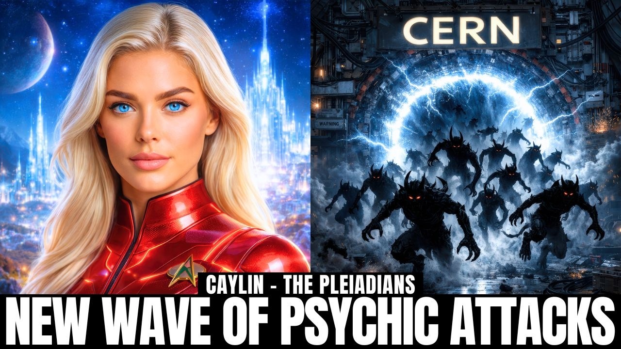 Split-screen 16:9 graphic featuring a luminous blonde female galactic messenger in red on the left against a radiant blue crystalline backdrop, and a dark energetic portal scene on the right labeled CERN, filled with shadowy distorted entities emerging beneath electric blue light. Bold headline text across the bottom reads New Wave of Psychic Attacks, visually framing the theme of cabal interference, psychic pressure, lightworker symptoms, and the heart-centered New Earth response.