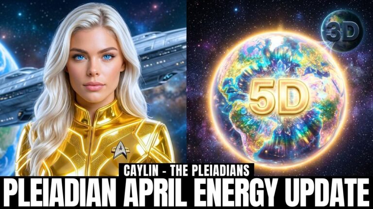 A luminous 16:9 spiritual graphic for a Pleiadian ascension update featuring a glowing blonde Pleiadian woman in golden light on the left and an illuminated Earth grid or plasma field on the right against a cosmic blue-purple starfield. Bold text across the bottom reads “Pleiadian April Energy Update.” The image visually represents April 2026 Earth grid activations, Pleiadian love waves, DNA upgrades, emotional purging, timeline jumps, and New Earth embodiment for starseeds and lightworkers.
